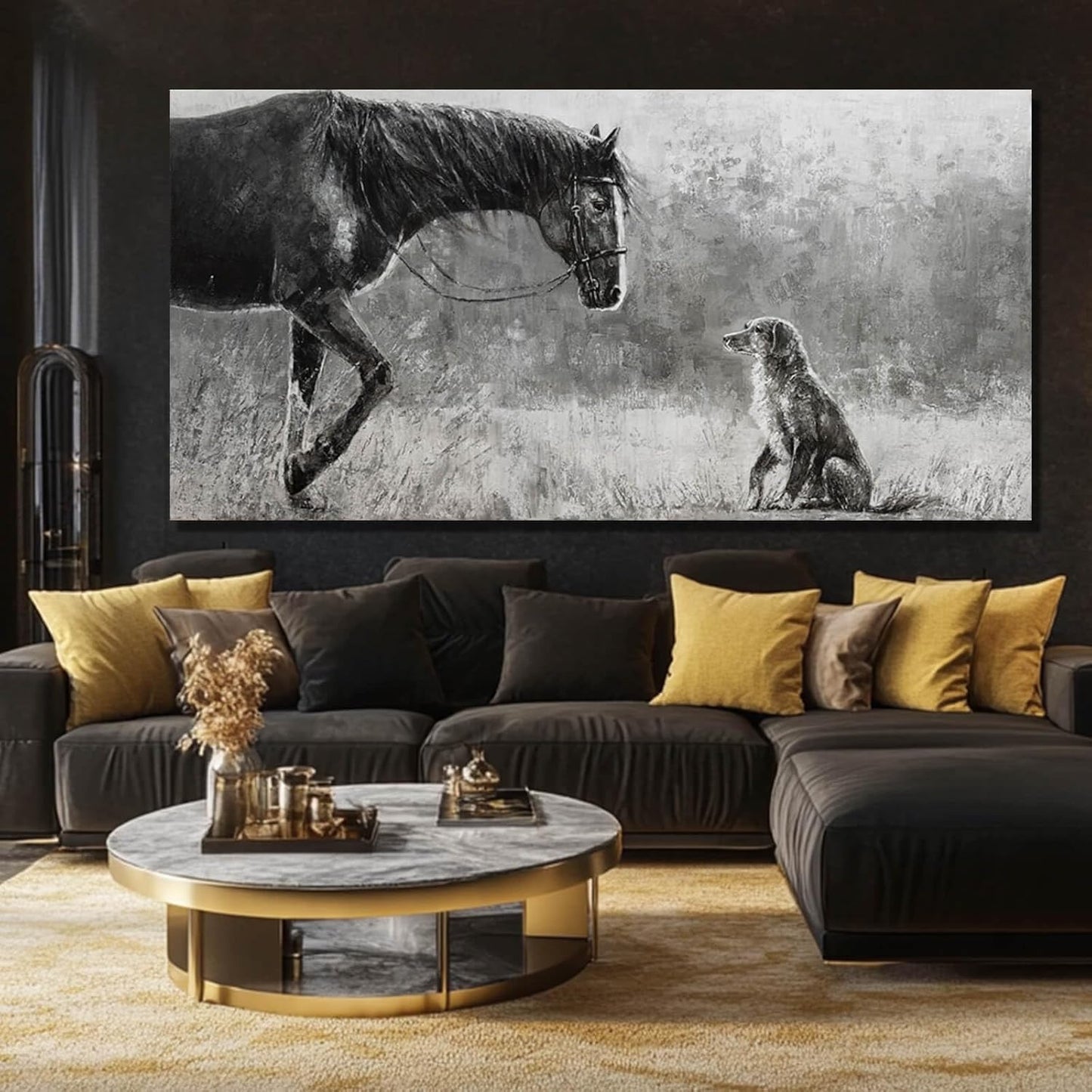 Black Horse & Dog Canvas Wall Art | Moody Equestrian Living Room Decor