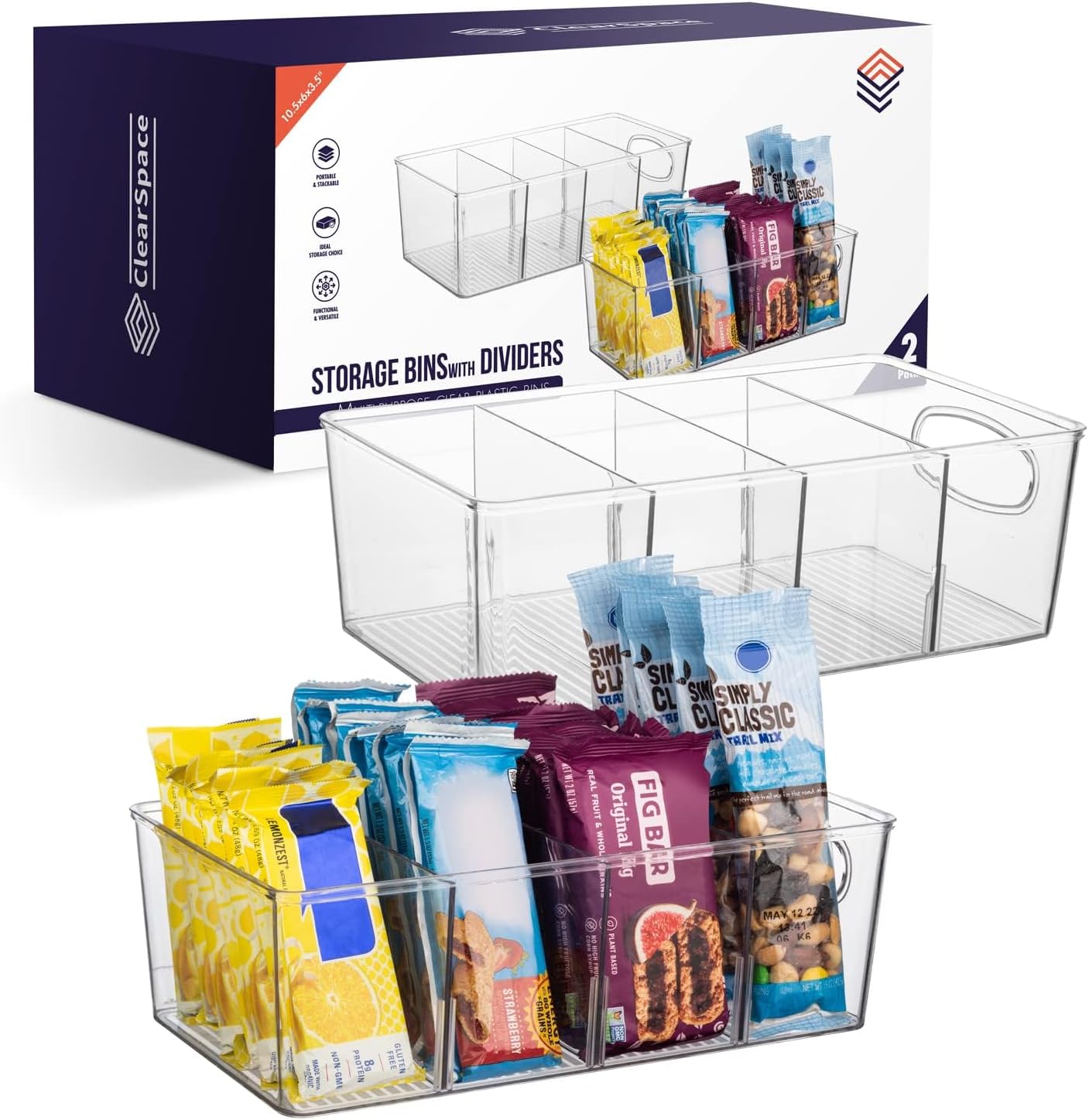 Clear Space Pantry Organization Bins with Removable Dividers - 2 Pack