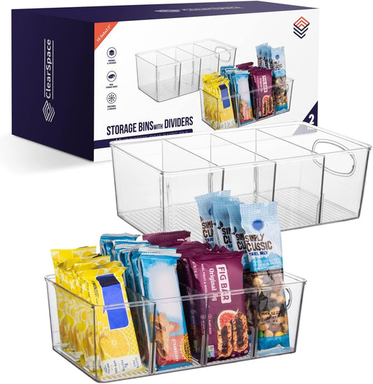 Clear Space Pantry Organization Bins with Removable Dividers - 2 Pack