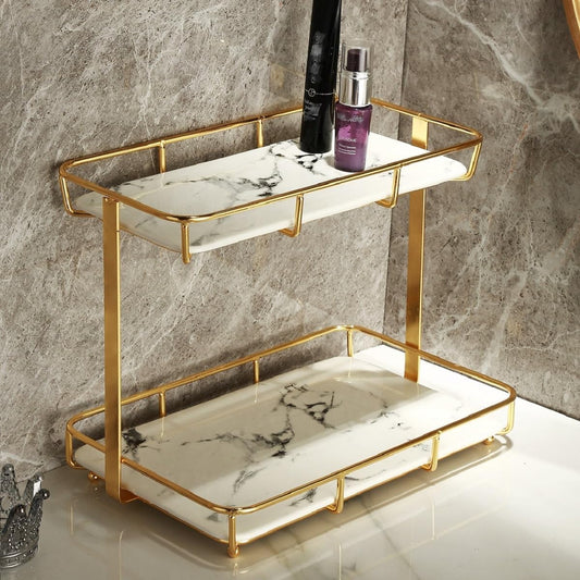 Elegant Gold & Marble Bathroom Organizer | Luxury Vanity Storage Tray