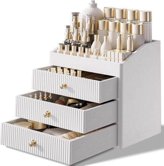 Elegant White Leather Vanity Organizer with Drawers