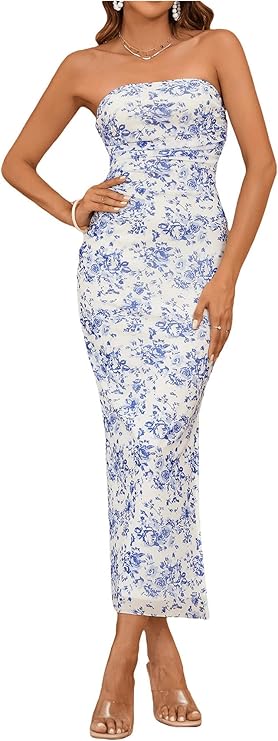 Blue & white Coastal Garden Strapless Maxi Dress