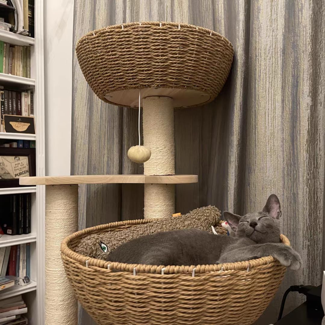 Modern Ratten Cat Tree | Stylish Solid Wood Cat Tower