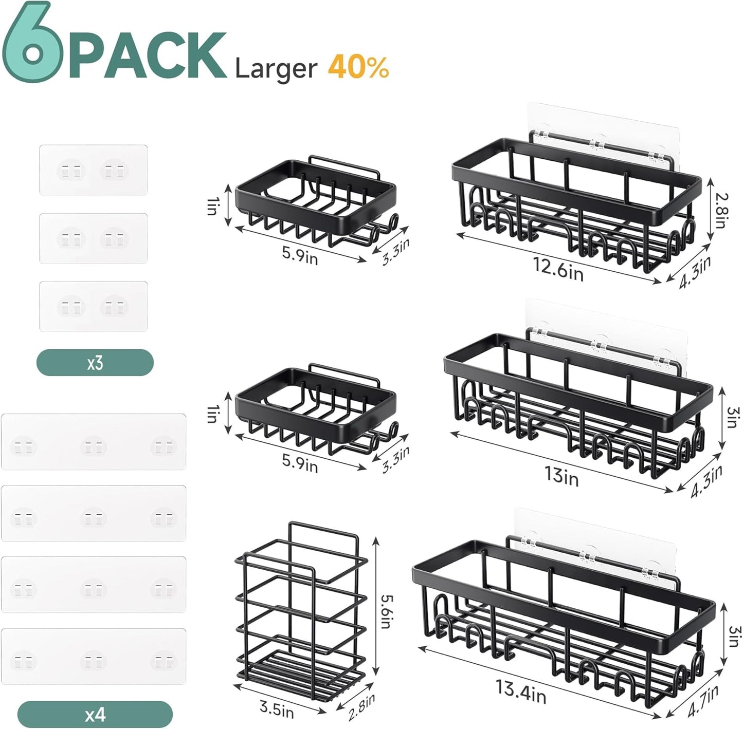 Veken Adhesive Shower Caddy Set - 6 Piece Rust proof Bathroom Organizer Collection