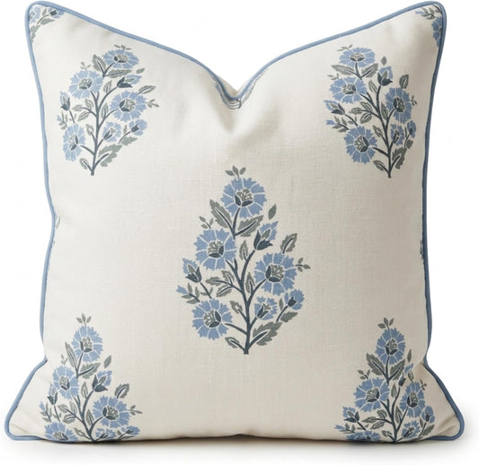 Blue floral Block Print Pillow Cover | Grandmillennial Cottage Accent Pillow
