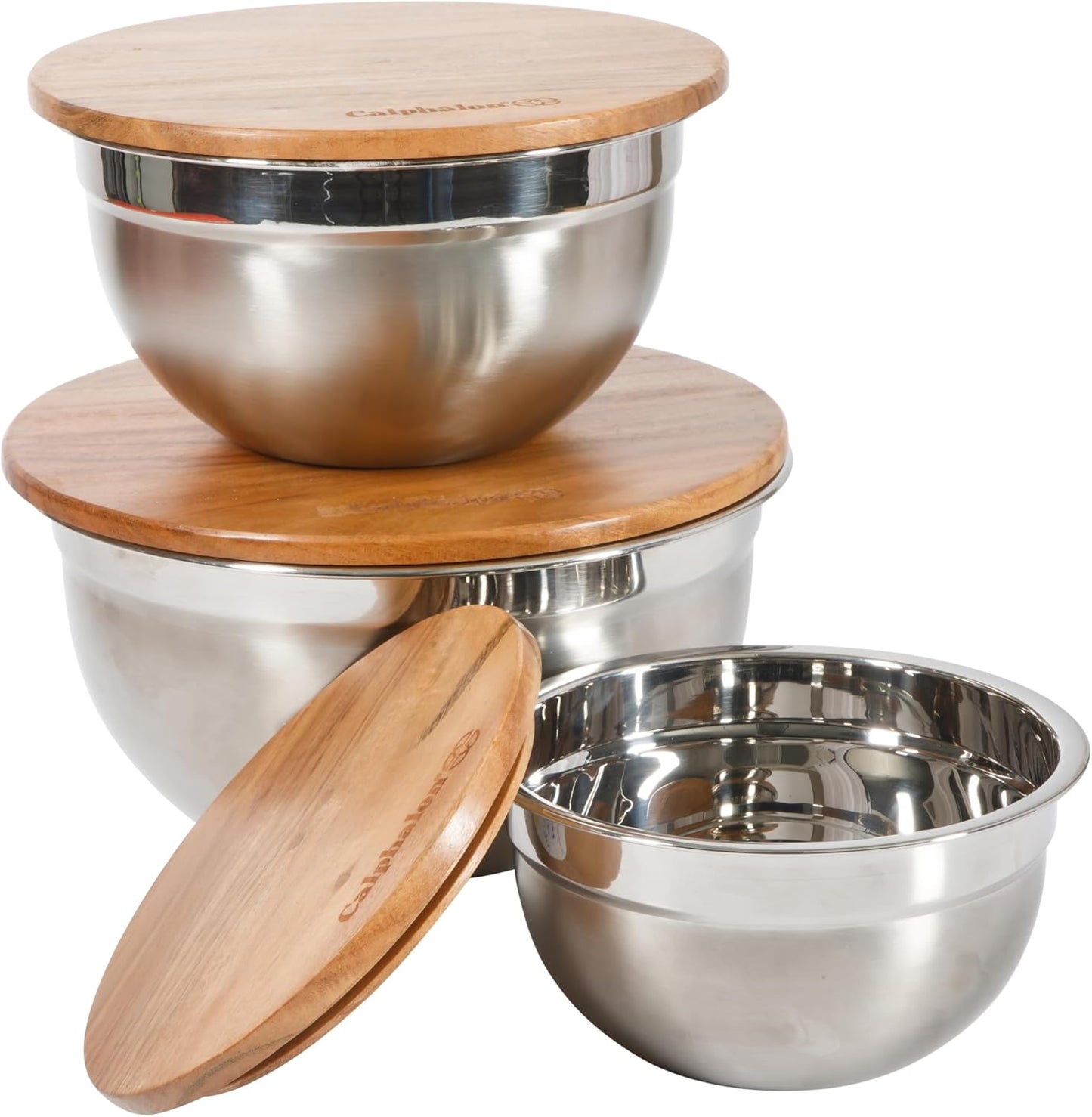 Calphalon Orbit Stainless Steel Mixing Bowl Set with Acacia Wood Lids