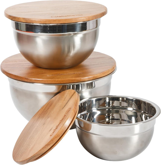 Calphalon Orbit Stainless Steel Mixing Bowl Set with Acacia Wood Lids