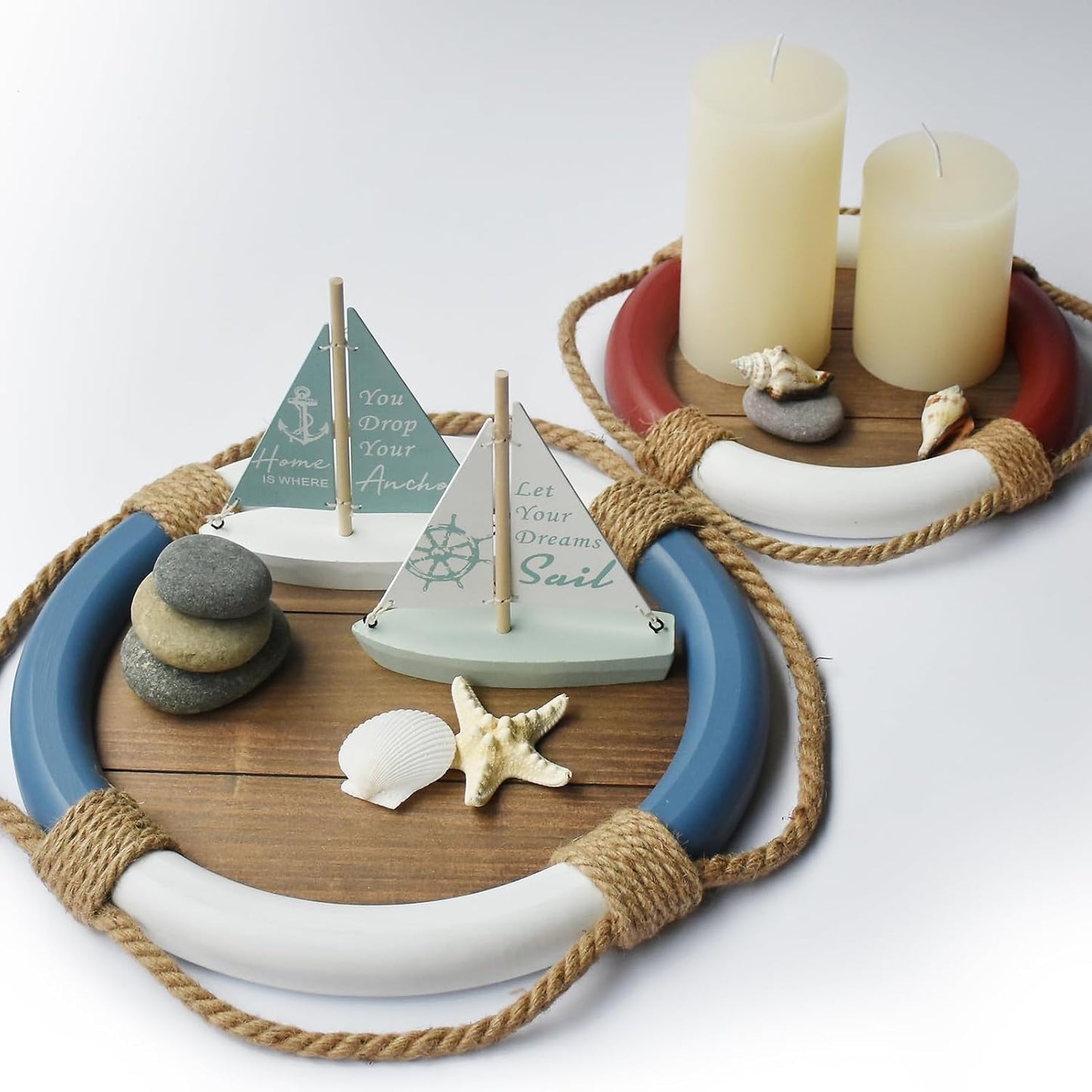 Set of 2 Nautical Life Ring Decorative Trays | Coastal Lake House Wood Serving Trays