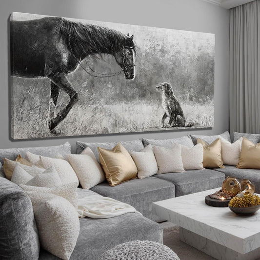 Black Horse & Dog Canvas Wall Art | Moody Equestrian Living Room Decor