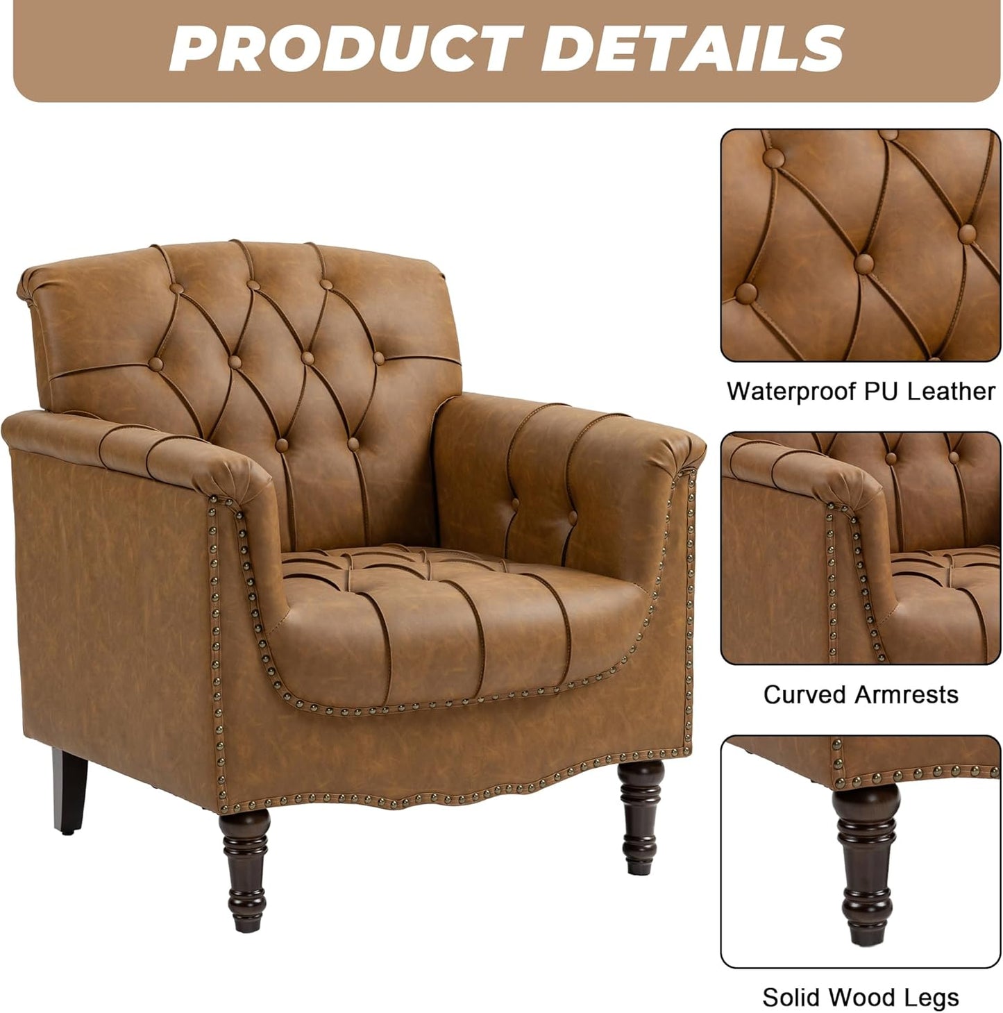 Camel Faux Leather Accent Chairs Set of 2 | Vintage Club Chair Style for Cozy Living Rooms