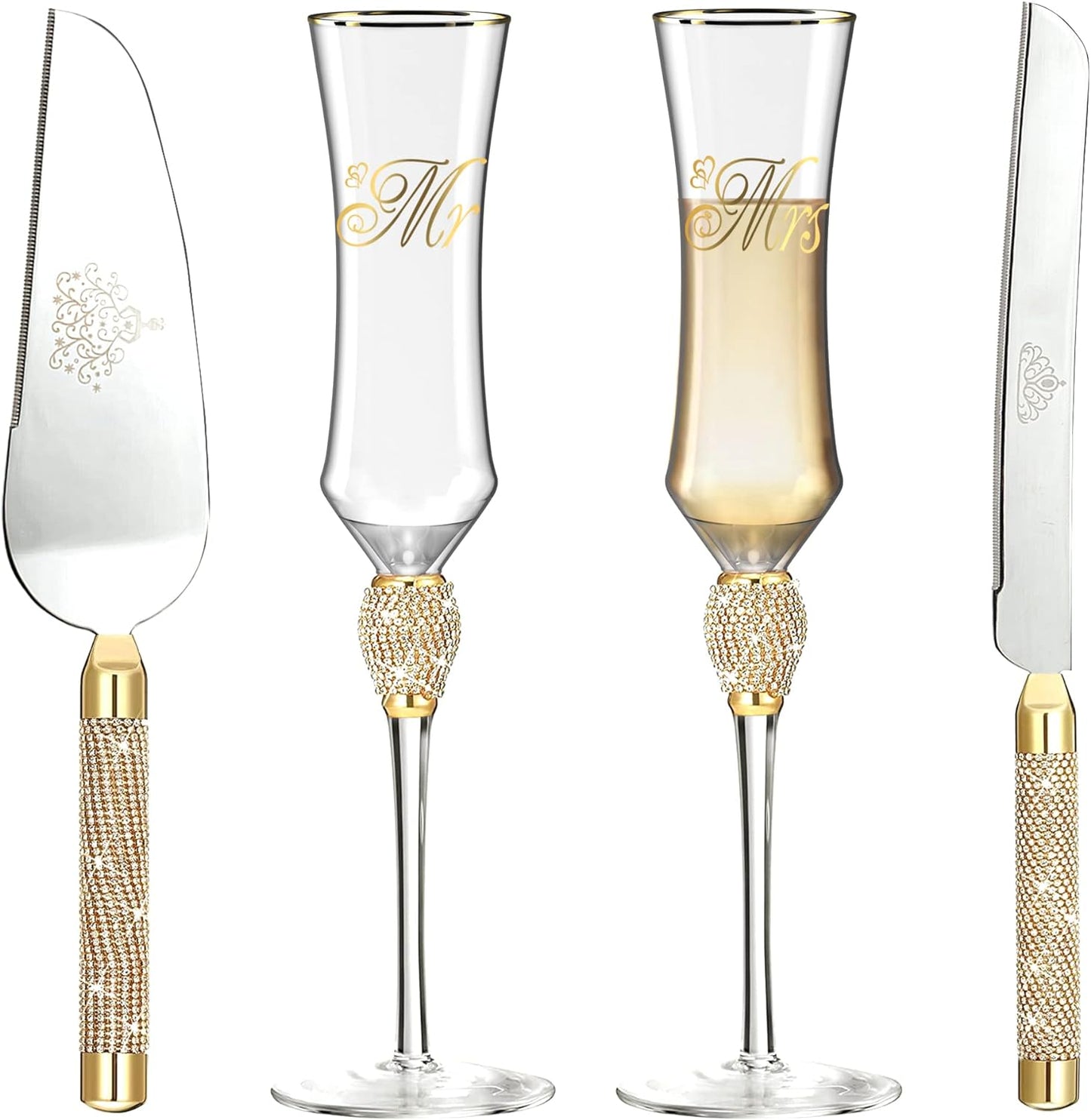 Gold Wedding Cake Knife & Server Set with Mr. & Mrs. Champaigne Flutes - Elegant Crystal Wedding Toasting Glasses & Cake Cutting Set for Bridal Shower and Enegagement Gifts