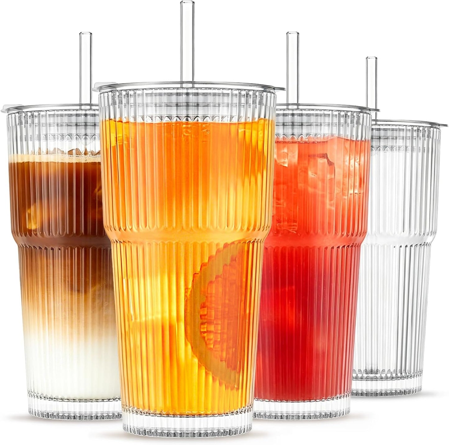 Vintage-Inspired Ribbed Glass Tumblers with Lids &Straws