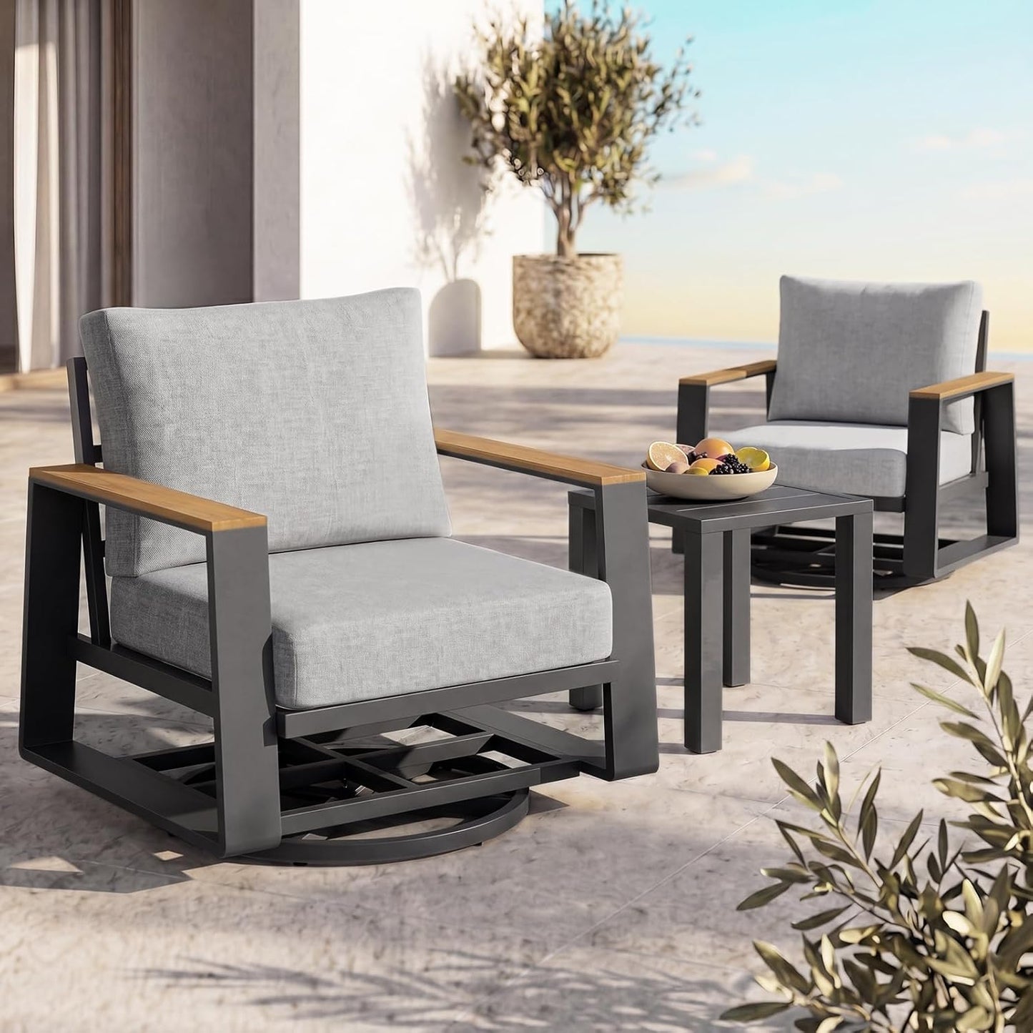 3-Piece Outdoor Swivel Patio Chair Set with Side Table