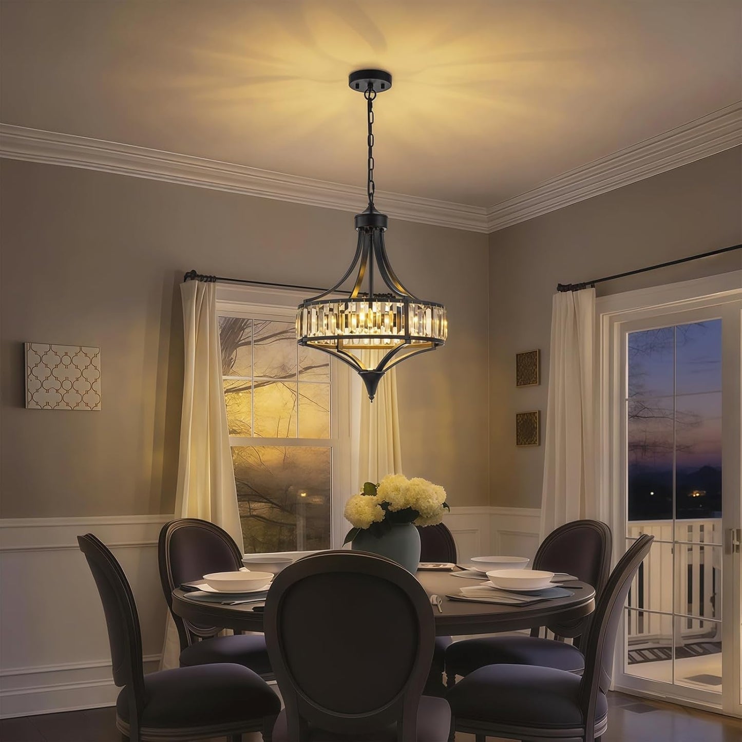 Modern Black Crystal Chandelier | Elegant 4 Light Farmhouse Statement Lighting