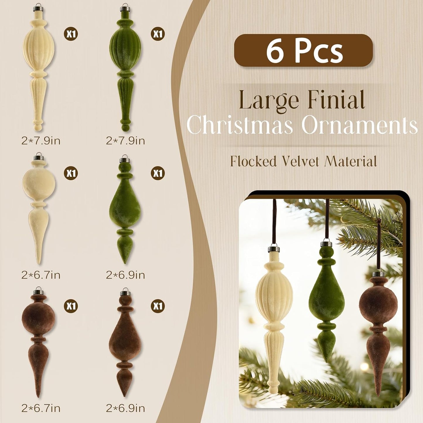 Velvet Finial Christmas Ornaments - Set of 6