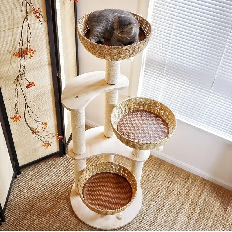 Modern Ratten Cat Tree | Stylish Solid Wood Cat Tower