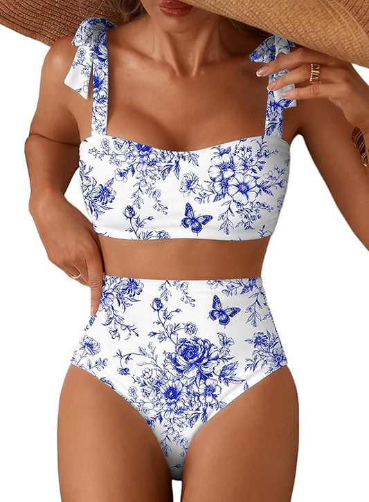 Blue Floral High Waisted Bikini Set - vintage Inspired Two Piece