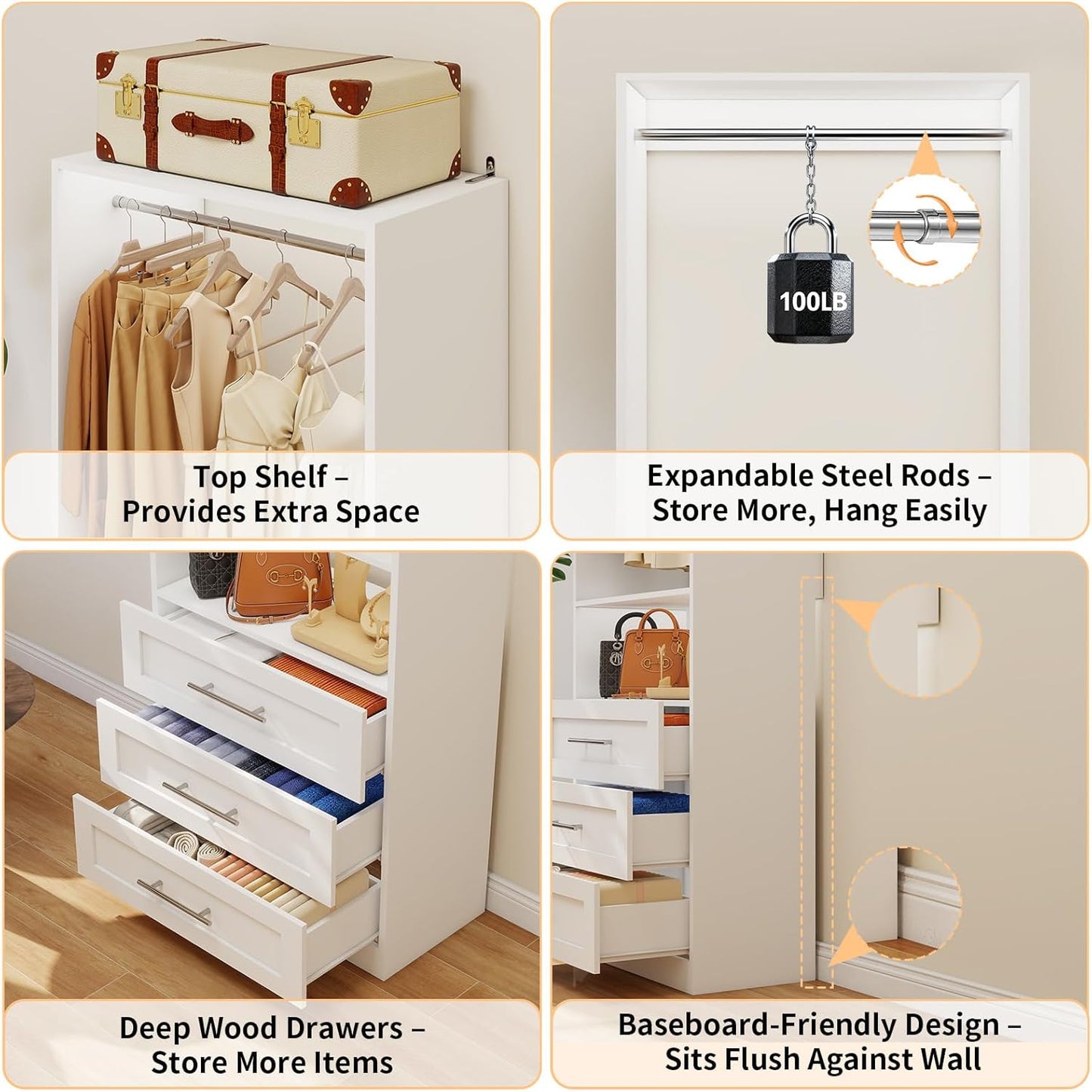 Luxury White Modular Closet Organizer System with Drawers & Hanging Storage