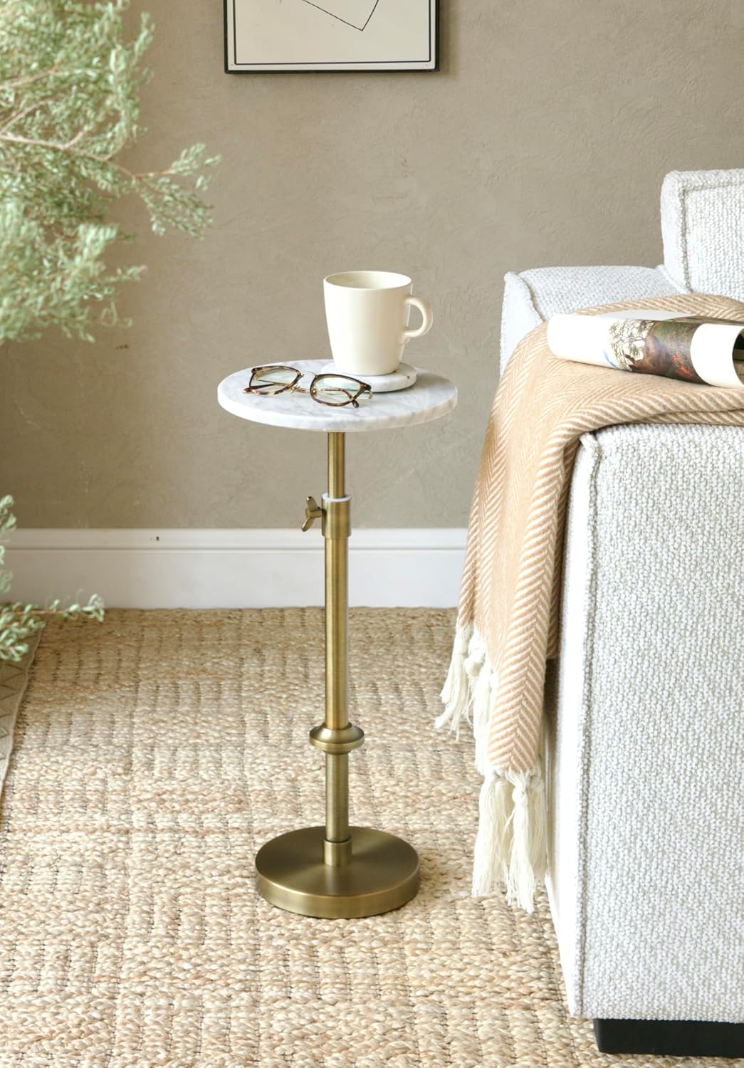Adjustable Marble Accent Table with Antique Brass Pedestal Base