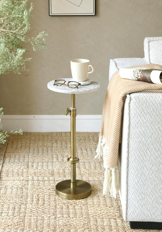 Adjustable Marble Accent Table with Antique Brass Pedestal Base