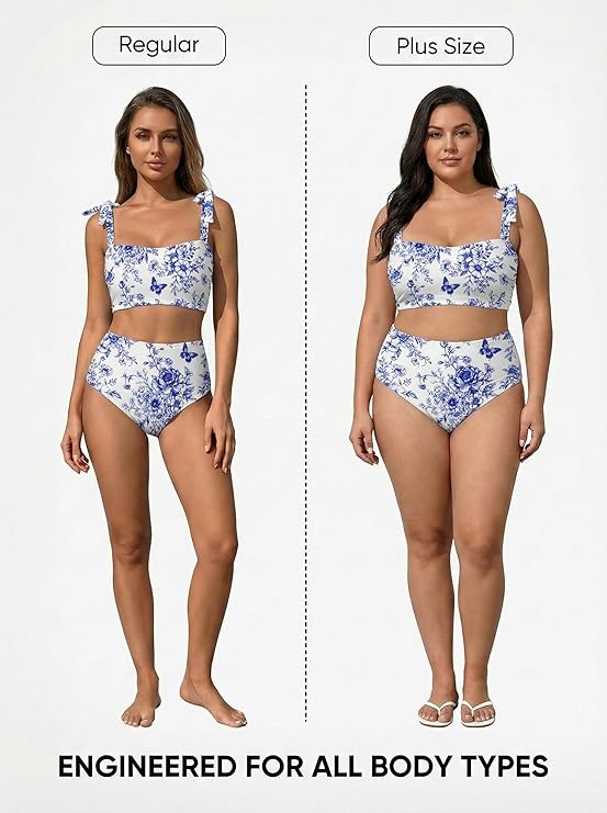 Blue Floral High Waisted Bikini Set - vintage Inspired Two Piece