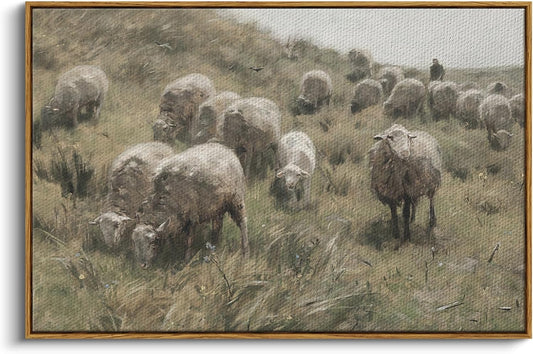 Vintage Sheep Meadow Framed Canvas Wall Art