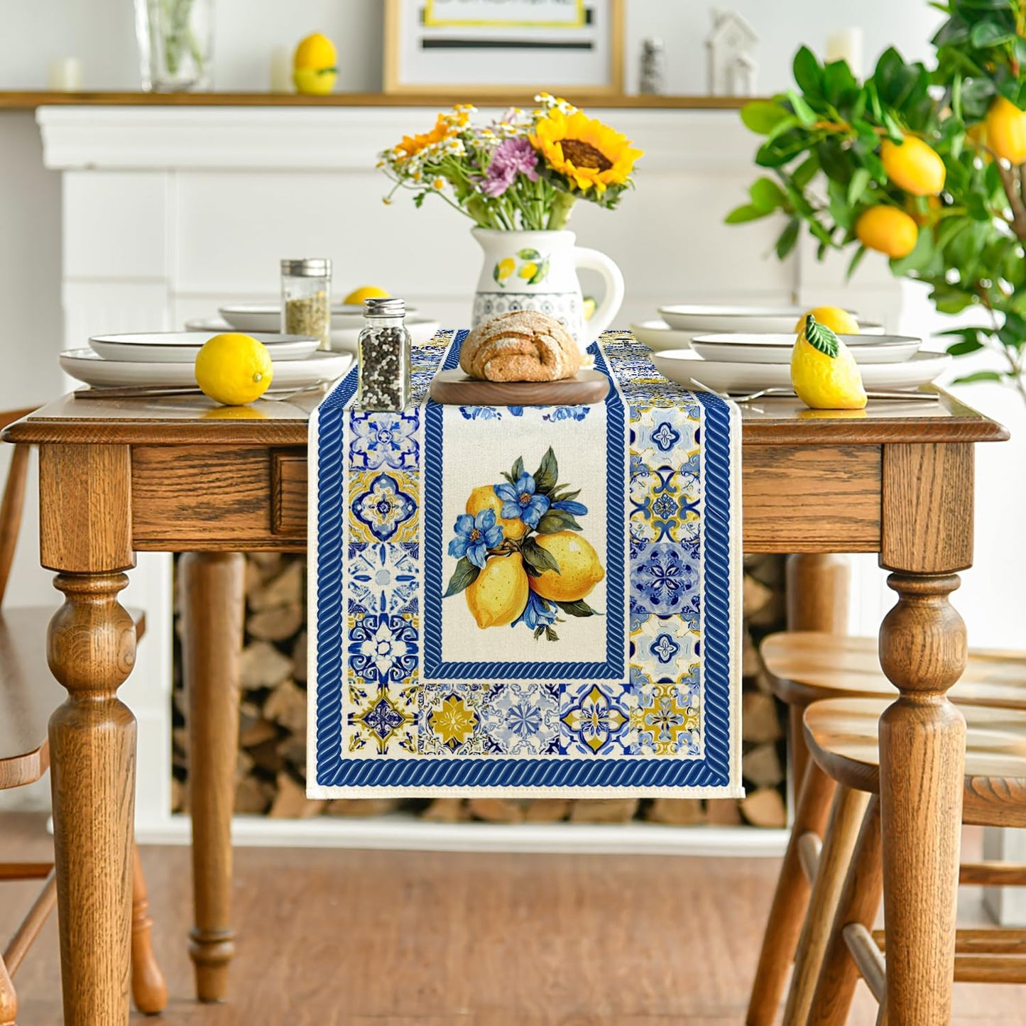 Blue & white Lemon Grove Table Runner | Mediterranean-Inspired Summer Table Decor