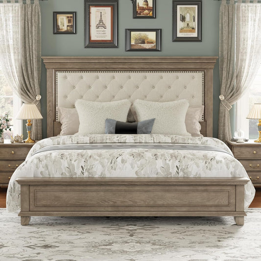 Luxury Tufted King Bed Frame with Upholstered Headboard