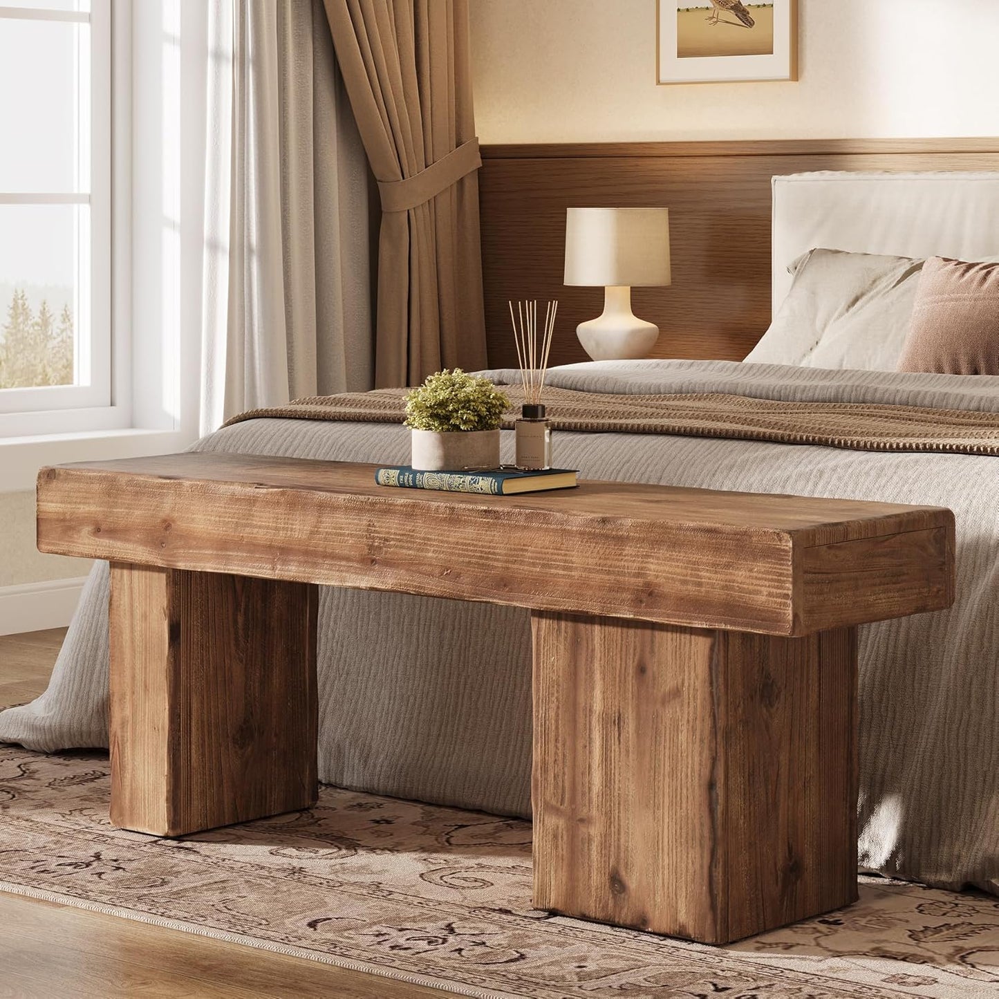 Rustic Solid Wood Entryway Bench | Warm Farmhouse Bedroom & dining Accent