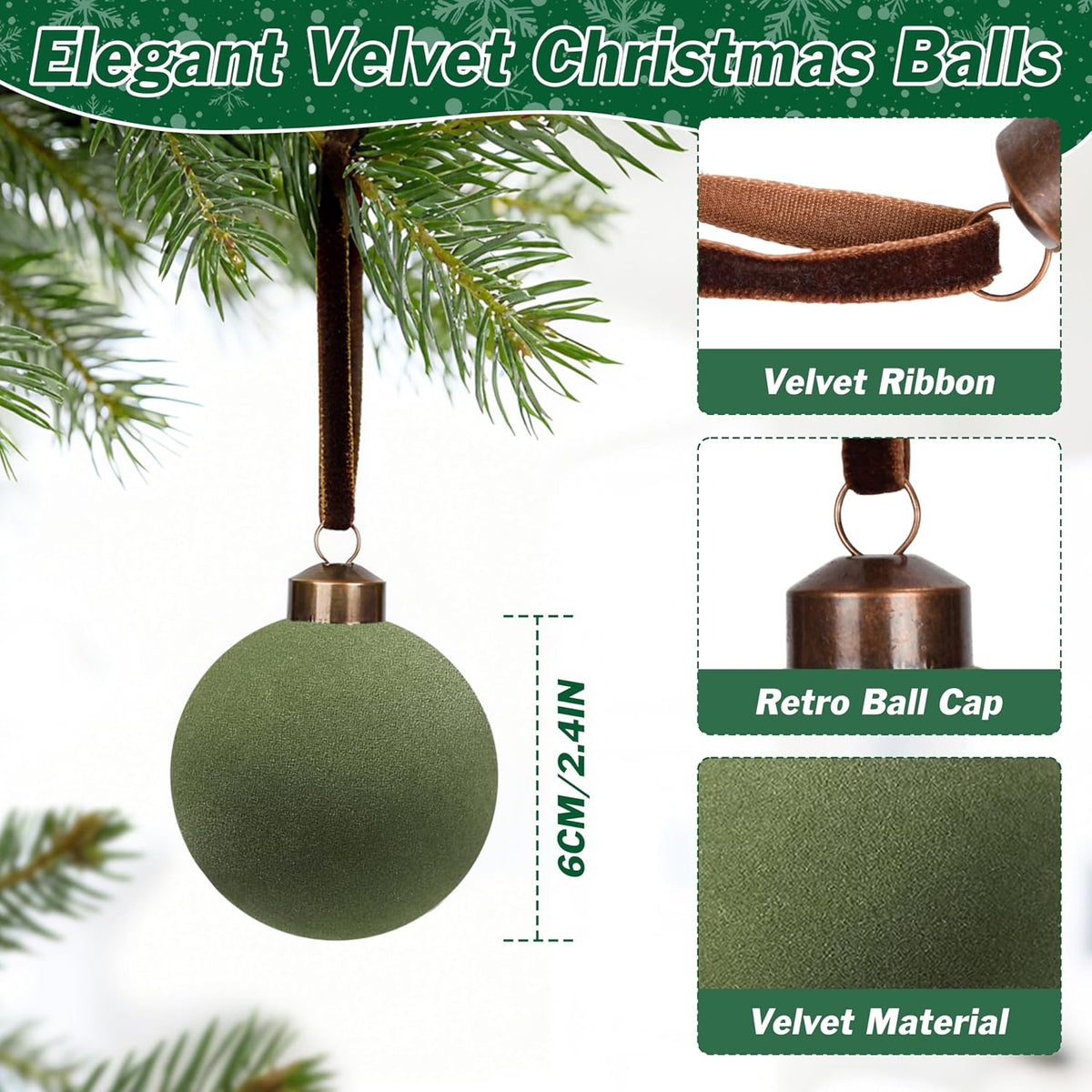 Velvet Christmas Ball Ornaments with Ribbon - Set of 30
