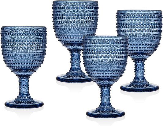 Vintage-Inspired Blue Hobnail Wine Goblets-Set of 4