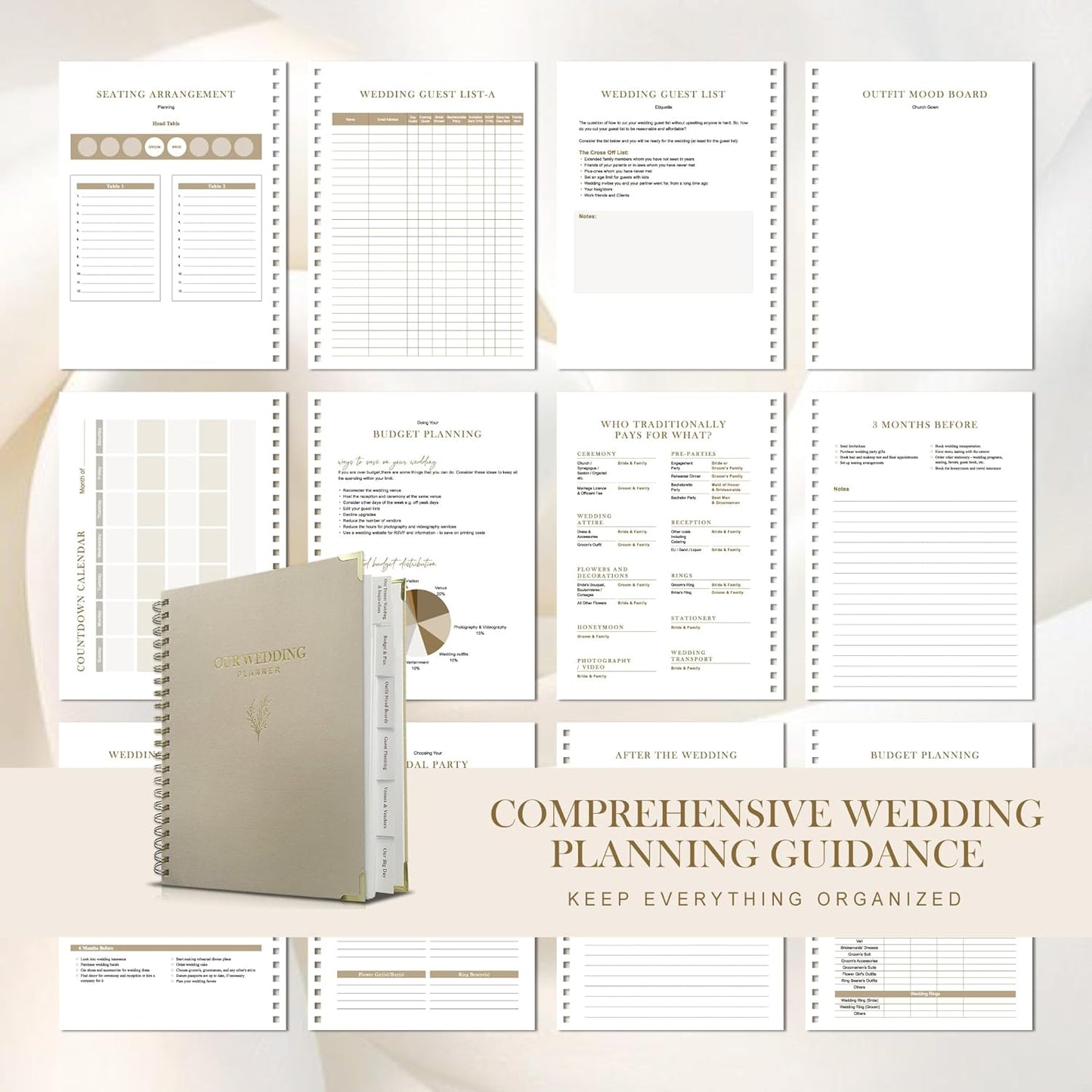 Elegant Linen Wedding Planner Book for Bride- Neutral Wedding Organizer Binder with Checklists, Calendars, Tabs & Planning PAges