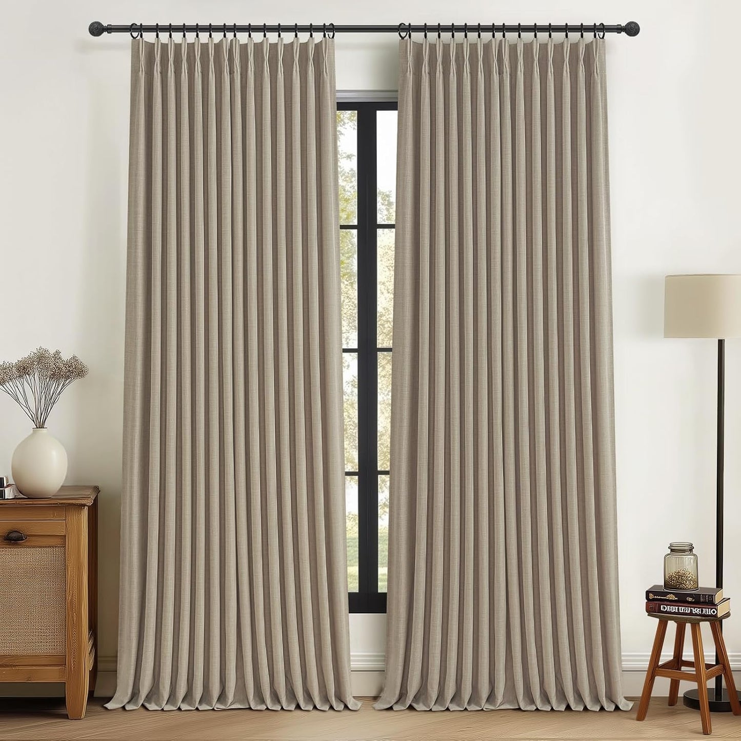 Luxury Pinch Pleated Linen Look Blackout Curtains | Thick Burlap Texture | Natural Farmhouse & Cottage Style