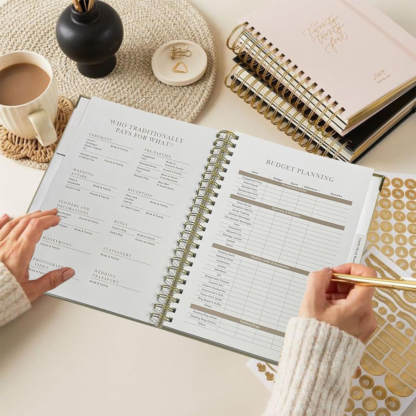 Elegant Linen Wedding Planner Book for Bride- Neutral Wedding Organizer Binder with Checklists, Calendars, Tabs & Planning PAges