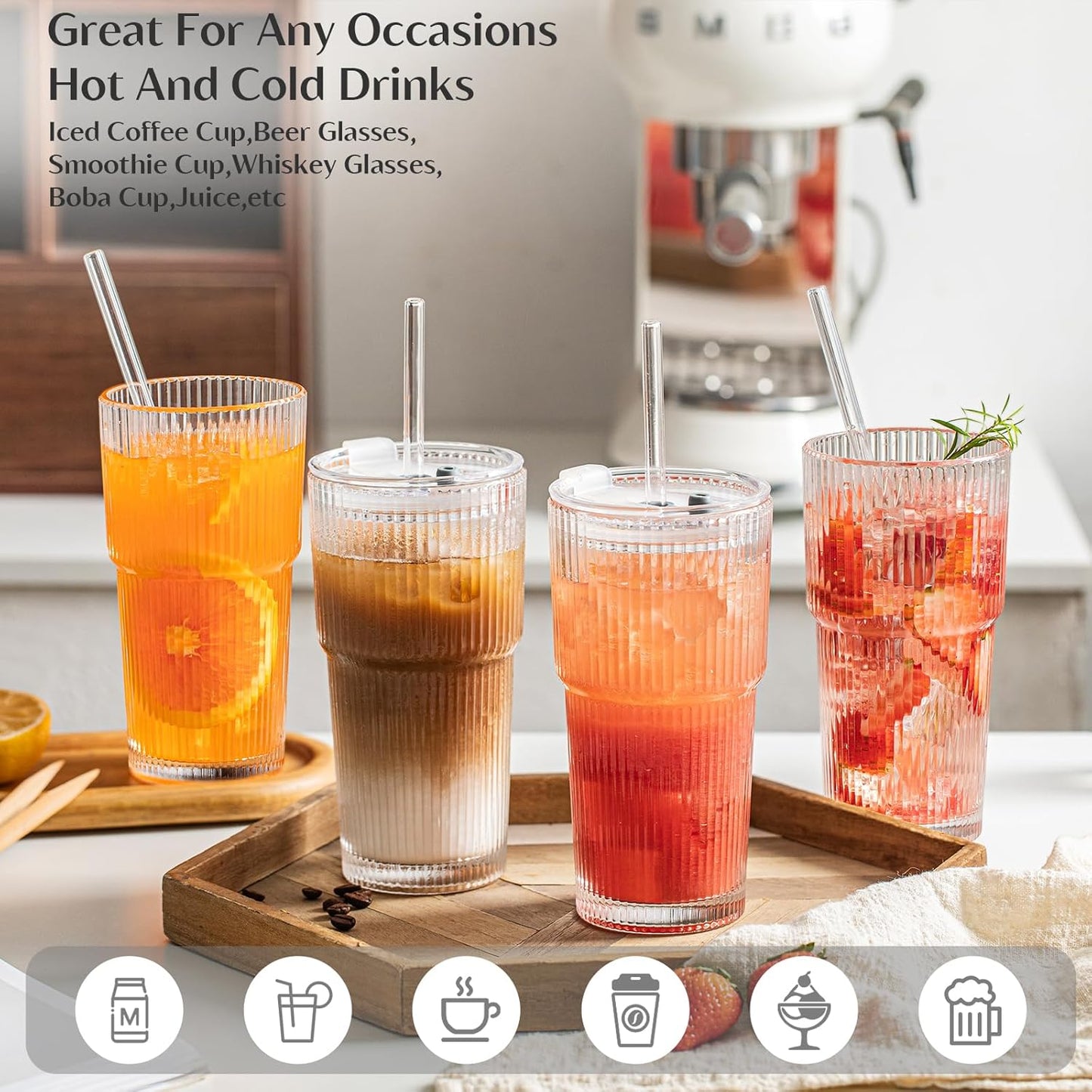 Vintage-Inspired Ribbed Glass Tumblers with Lids &Straws