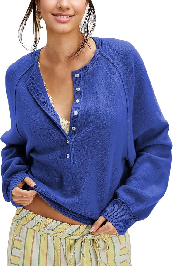 Effortless Blue Henley Sweater Outfit for Women | Casual Chic Style