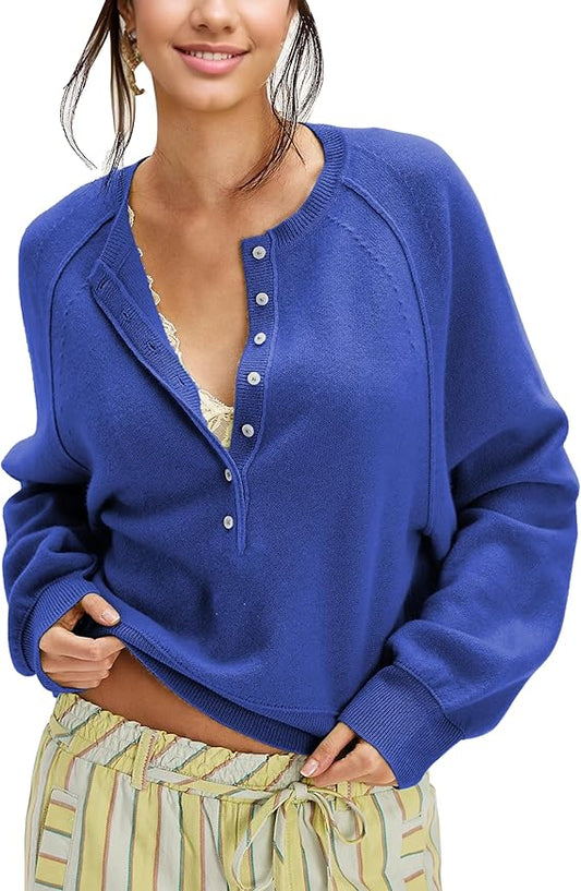 Effortless Blue Henley Sweater Outfit for Women | Casual Chic Style