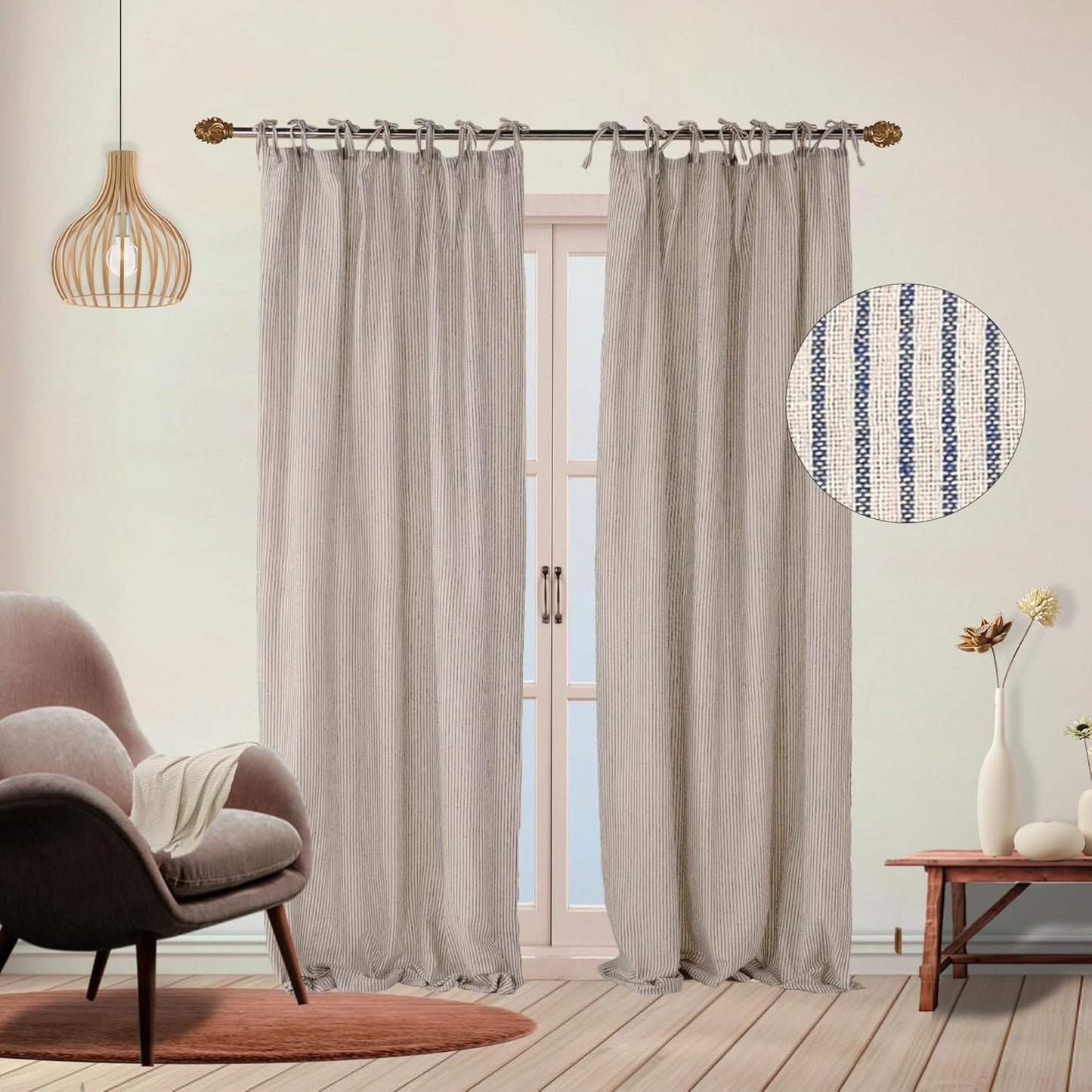 Boho Striped Linen Gauze Curtain Panels