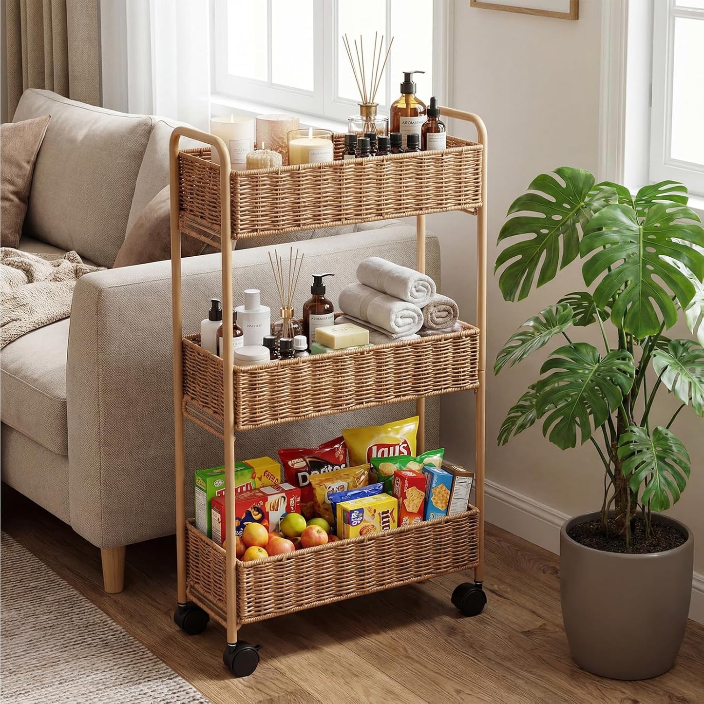 Slim Rolling Storage Cart - Woven Rattan 3- Tier Organizer