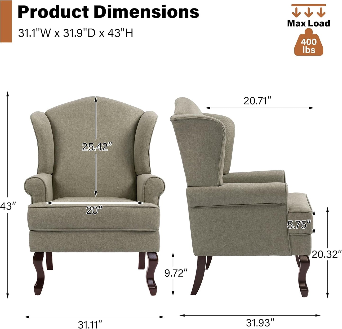 Light Camel Wingback Accent Chairs Set of 2 (Can buy individually) | Timeless Reading Chairs for Elegant Living Spaces