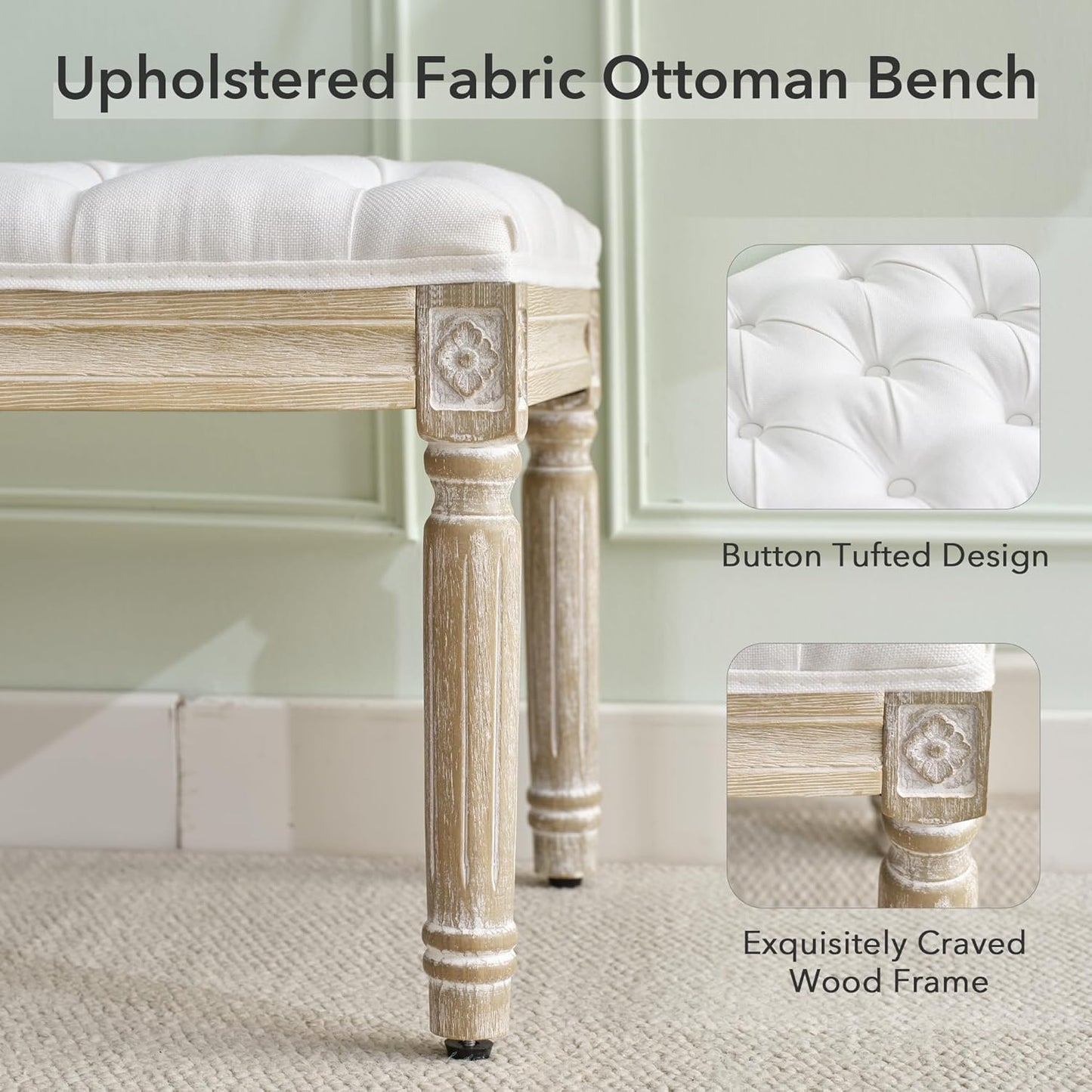 French Country Tufted Linen Bench with Brushed Wood Legs