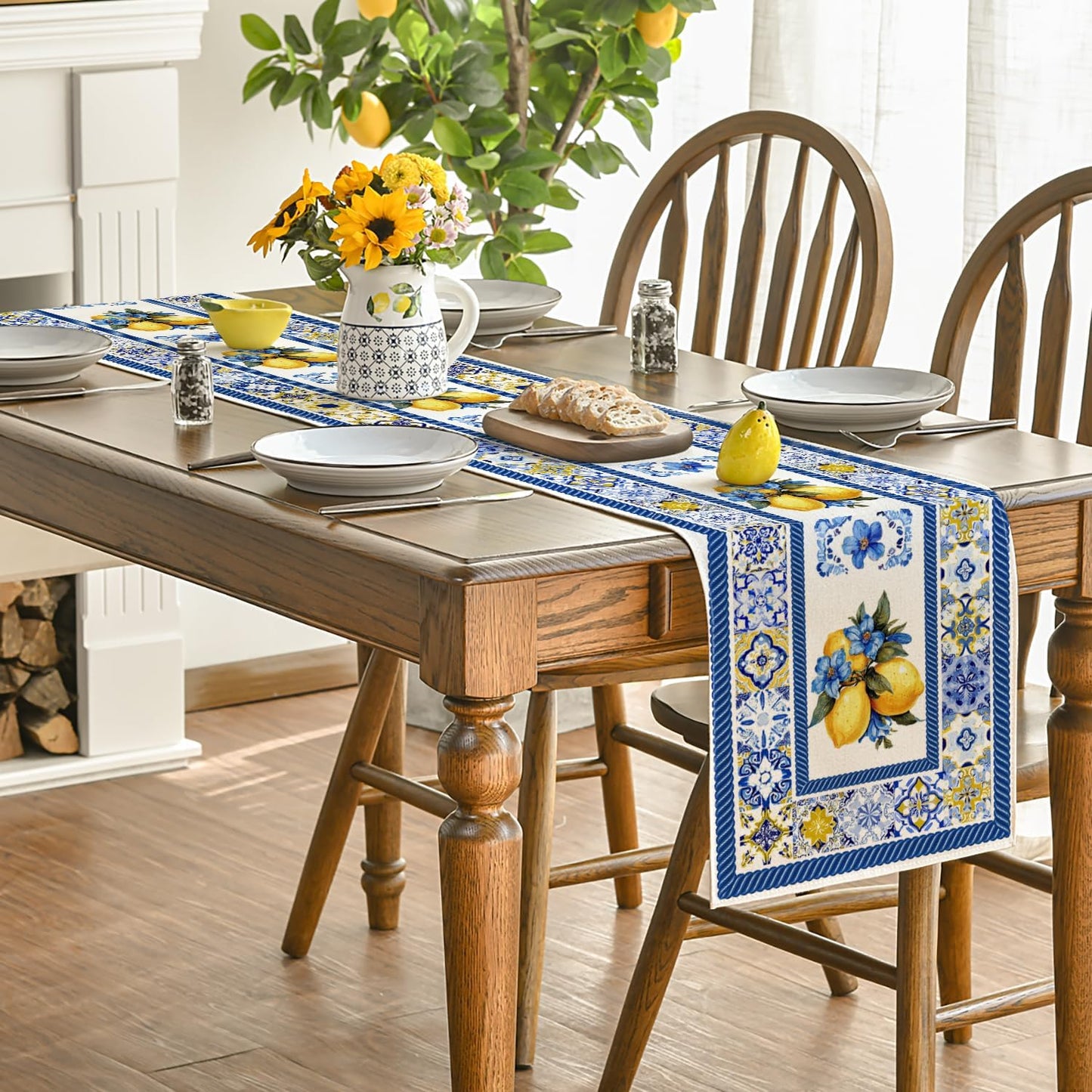 Blue & white Lemon Grove Table Runner | Mediterranean-Inspired Summer Table Decor