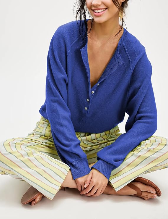 Effortless Blue Henley Sweater Outfit for Women | Casual Chic Style