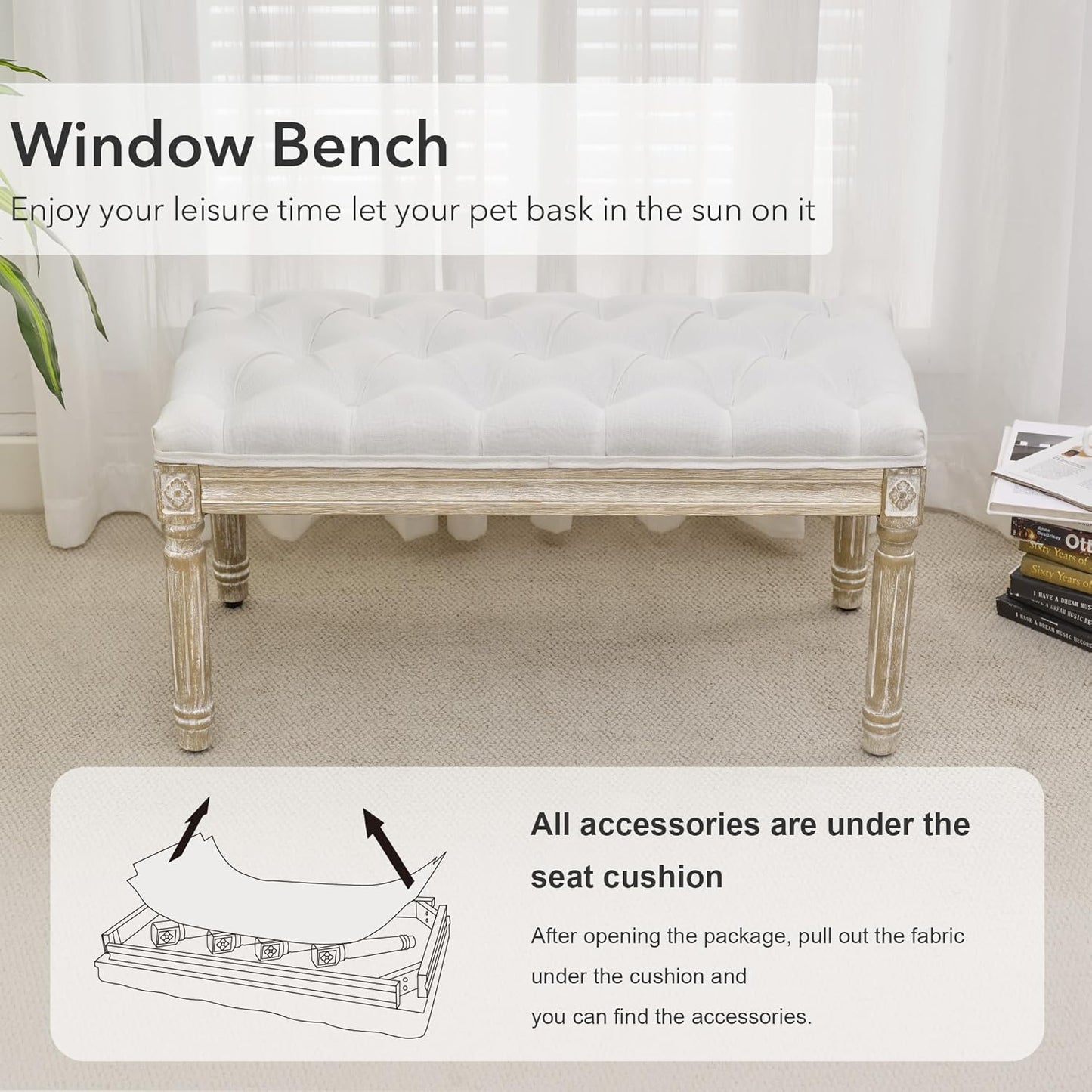 French Country Tufted Linen Bench with Brushed Wood Legs