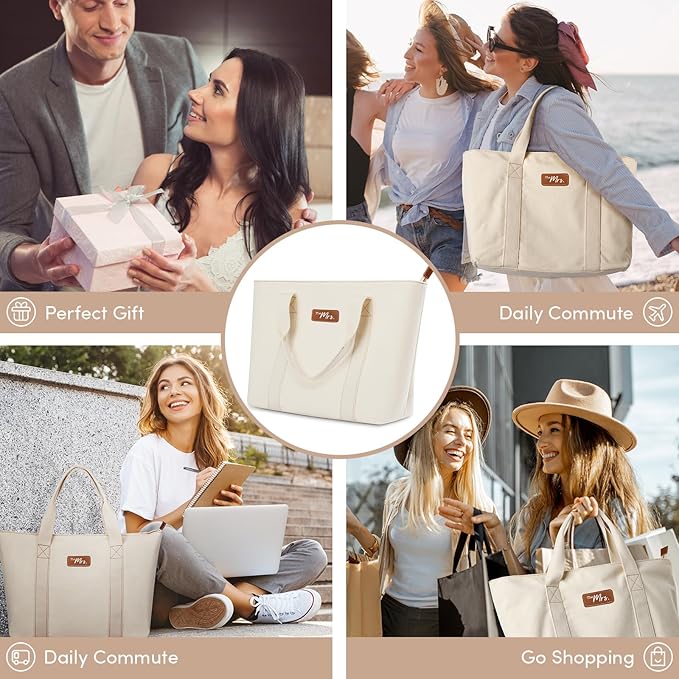 Mrs. Canvas Bridal Tote Bag - Large Zippered Wedding Gif Bag for the Bride