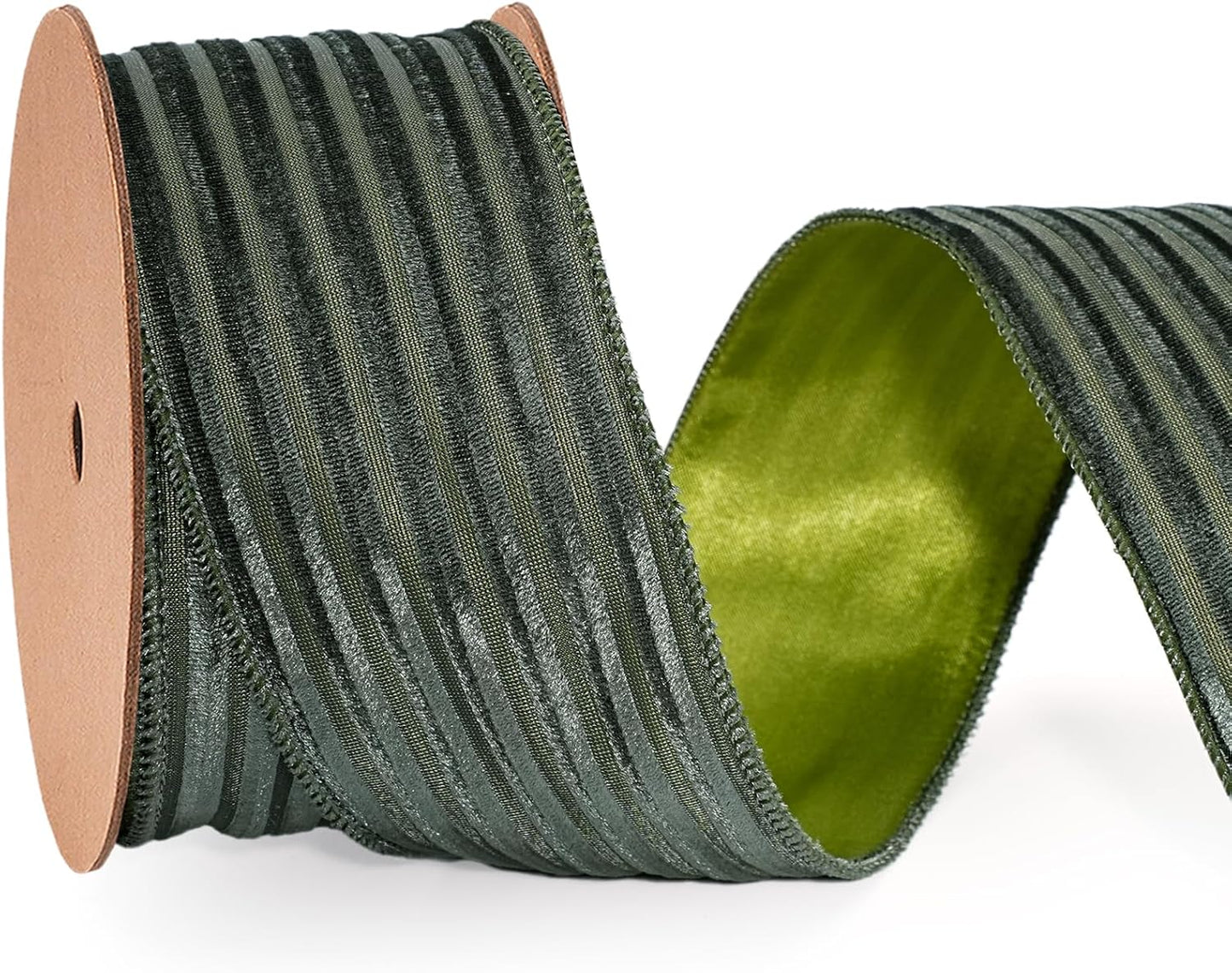 Green Striped Velvet Wired Ribbon - 2.5x10 Yards