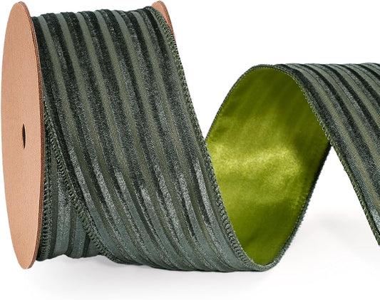 Green Striped Velvet Wired Ribbon - 2.5x10 Yards