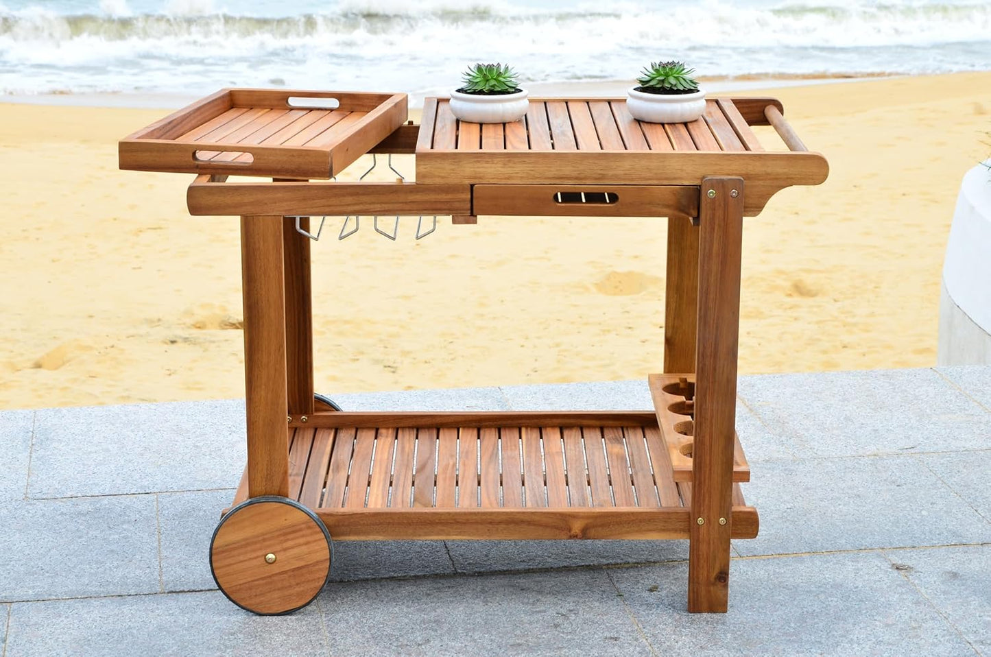 Outdoor Wooden Bar Cart on Wheels