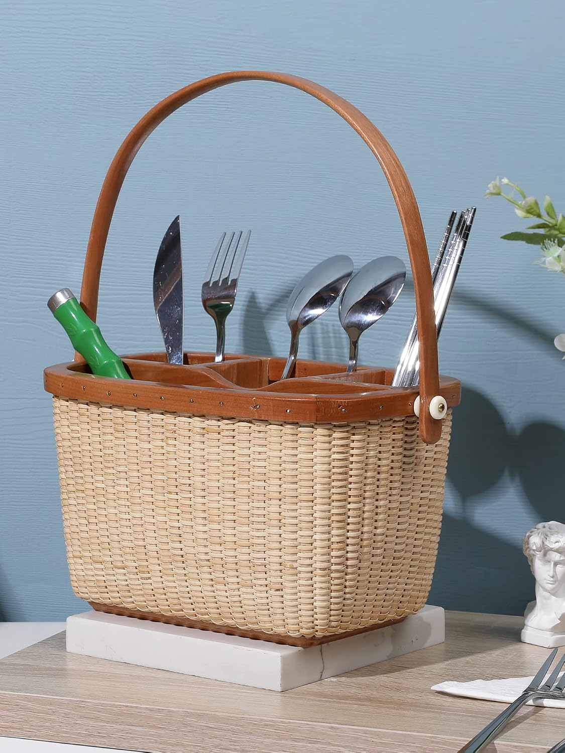 Handwoven Rattan Utensil Caddcy with handle | 4-Compartment Kitchen Organizer Basket for Flatware