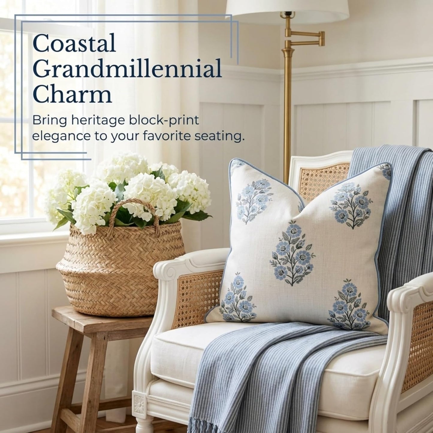 Blue floral Block Print Pillow Cover | Grandmillennial Cottage Accent Pillow